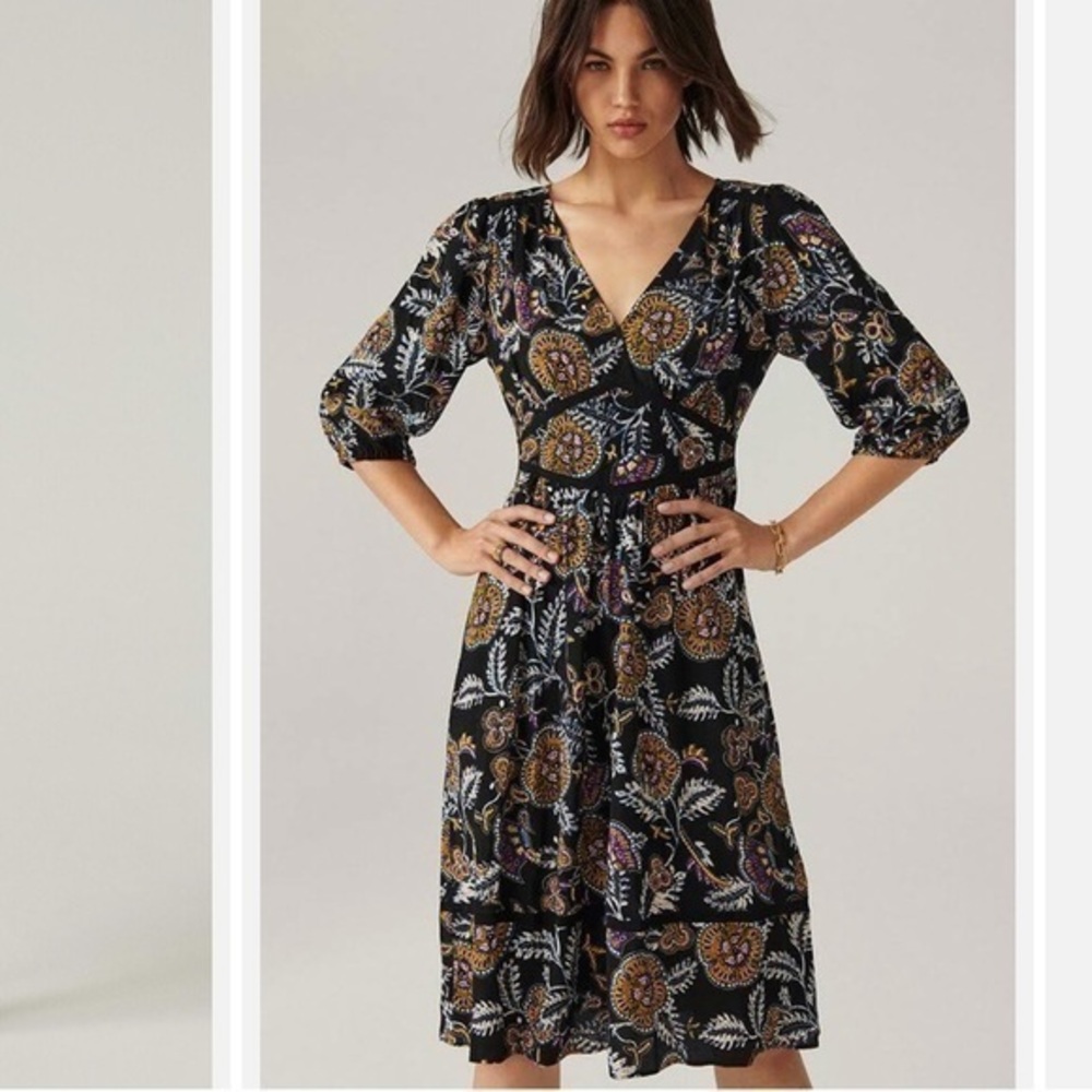 ✅ NWT Ba&sh Dress Robe Vienna Midi Long Sleeve in Noir Paisley